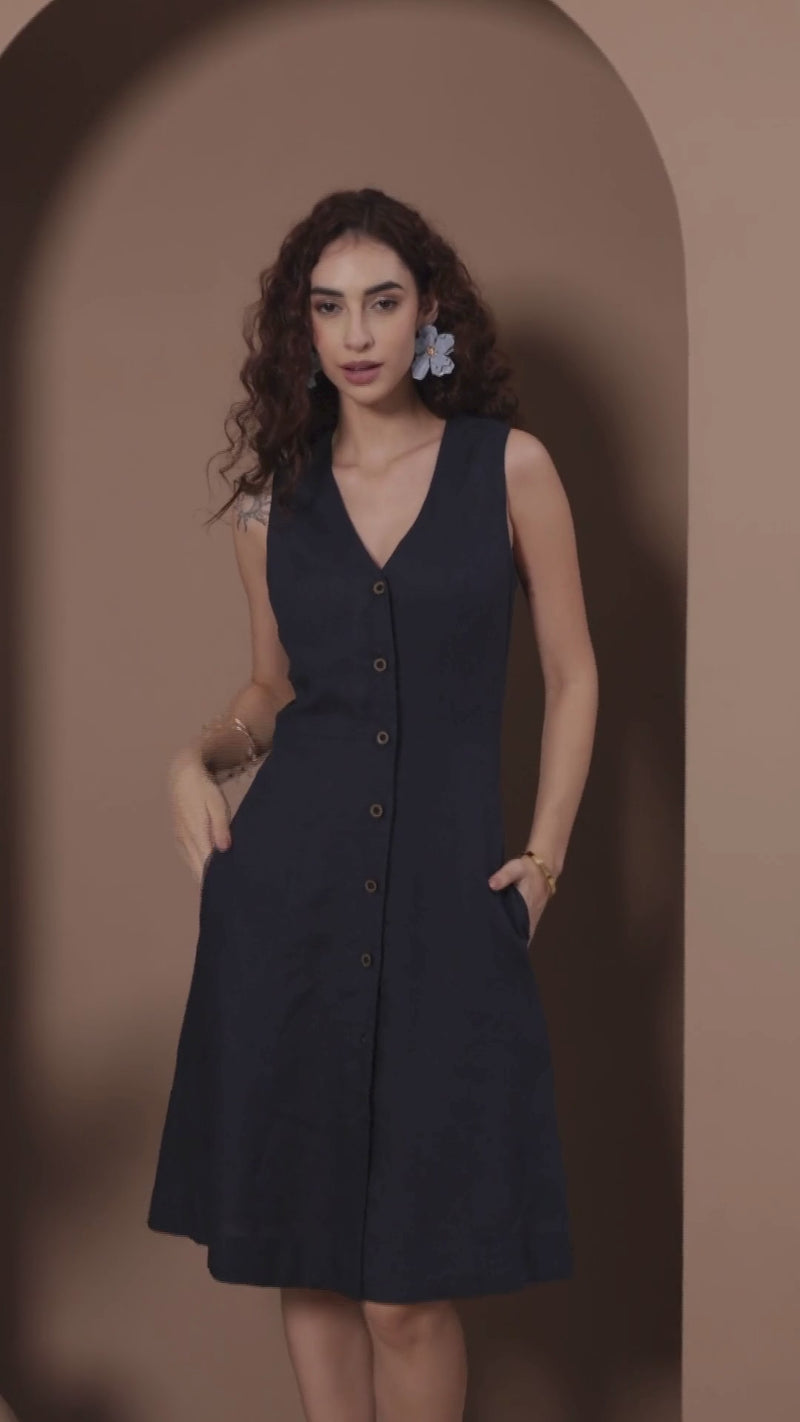 beautiful young lady in linen button-down sleeveless dress