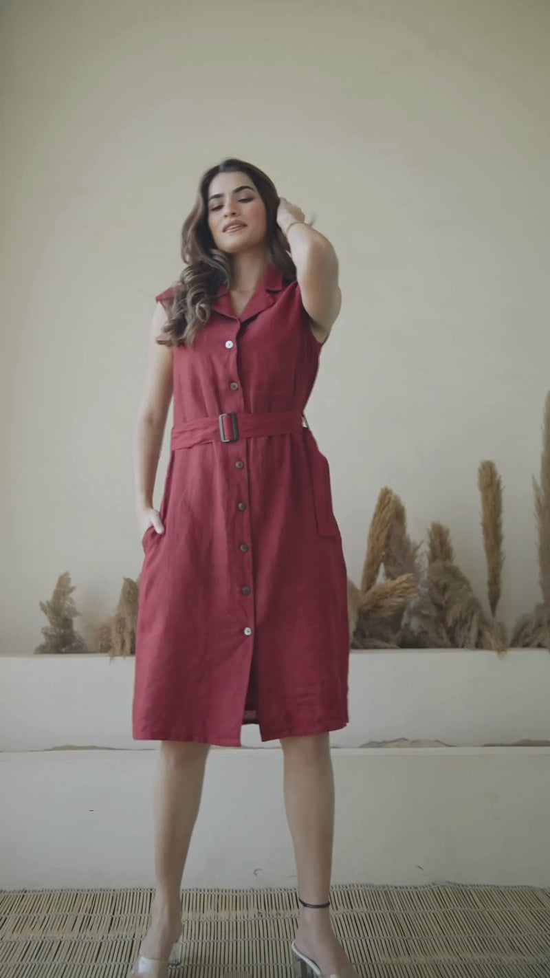 female fashion model wearing linen button-down midi dress tunic