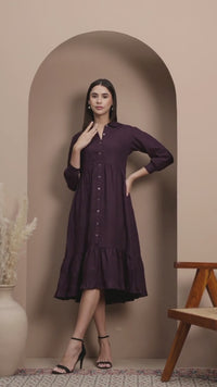 Tiered Button-Front Midi Dress in European Linen, Gathered Midi Shirt Dress