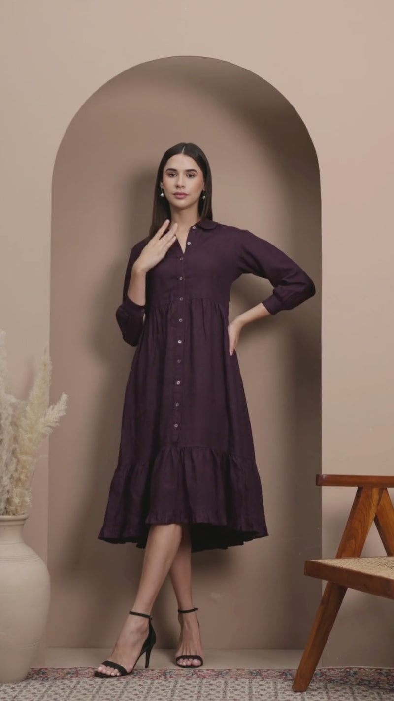 Tiered Button-Front Midi Dress in European Linen, Gathered Midi Shirt Dress