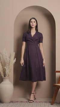 Linen Collared Wrap-Style Midi Dress with Pleated Skirt