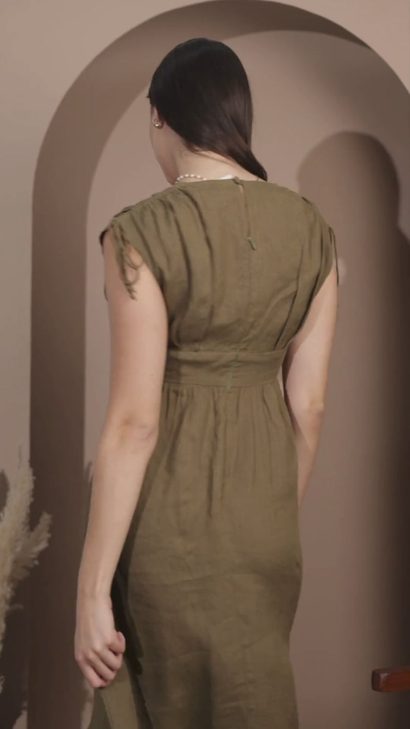 European Linen Empire Waist Midi Dress with Adjustable Shoulder Ties