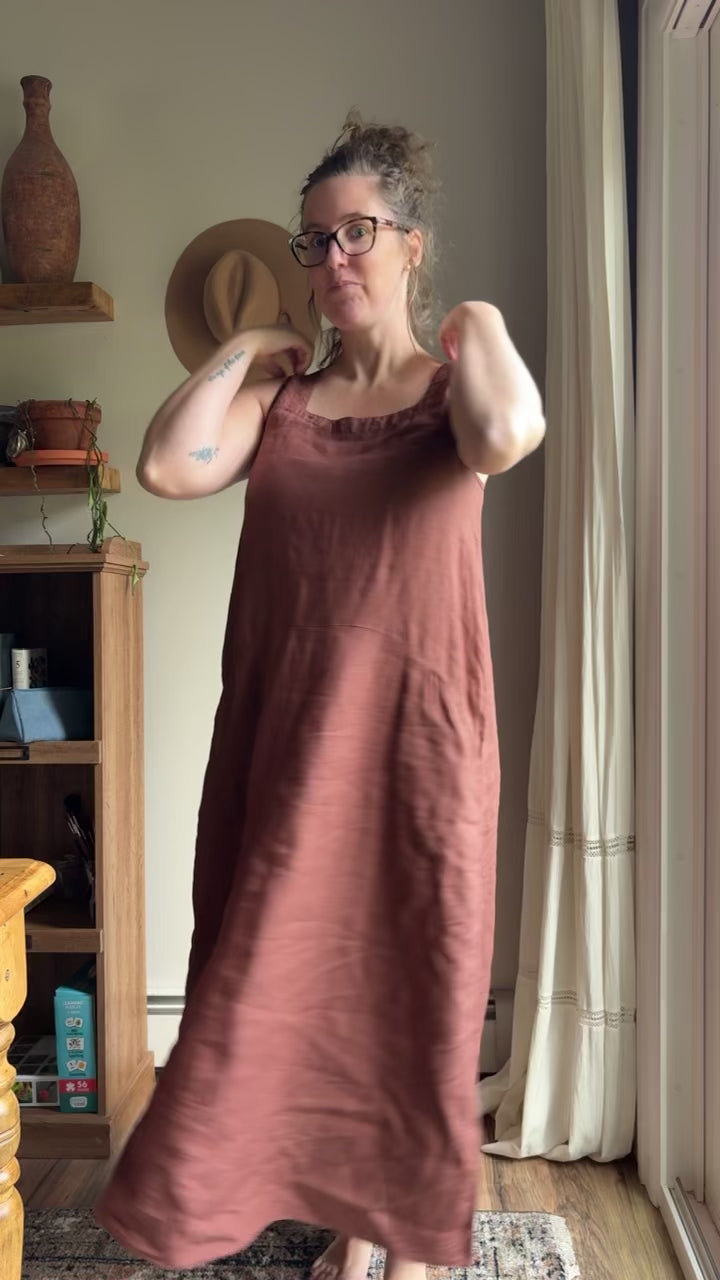 Halie wearing Sleeveless Scoop Neck European Linen Shift Dress