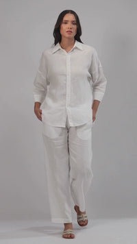 women wearing a relaxed fit linen shirt