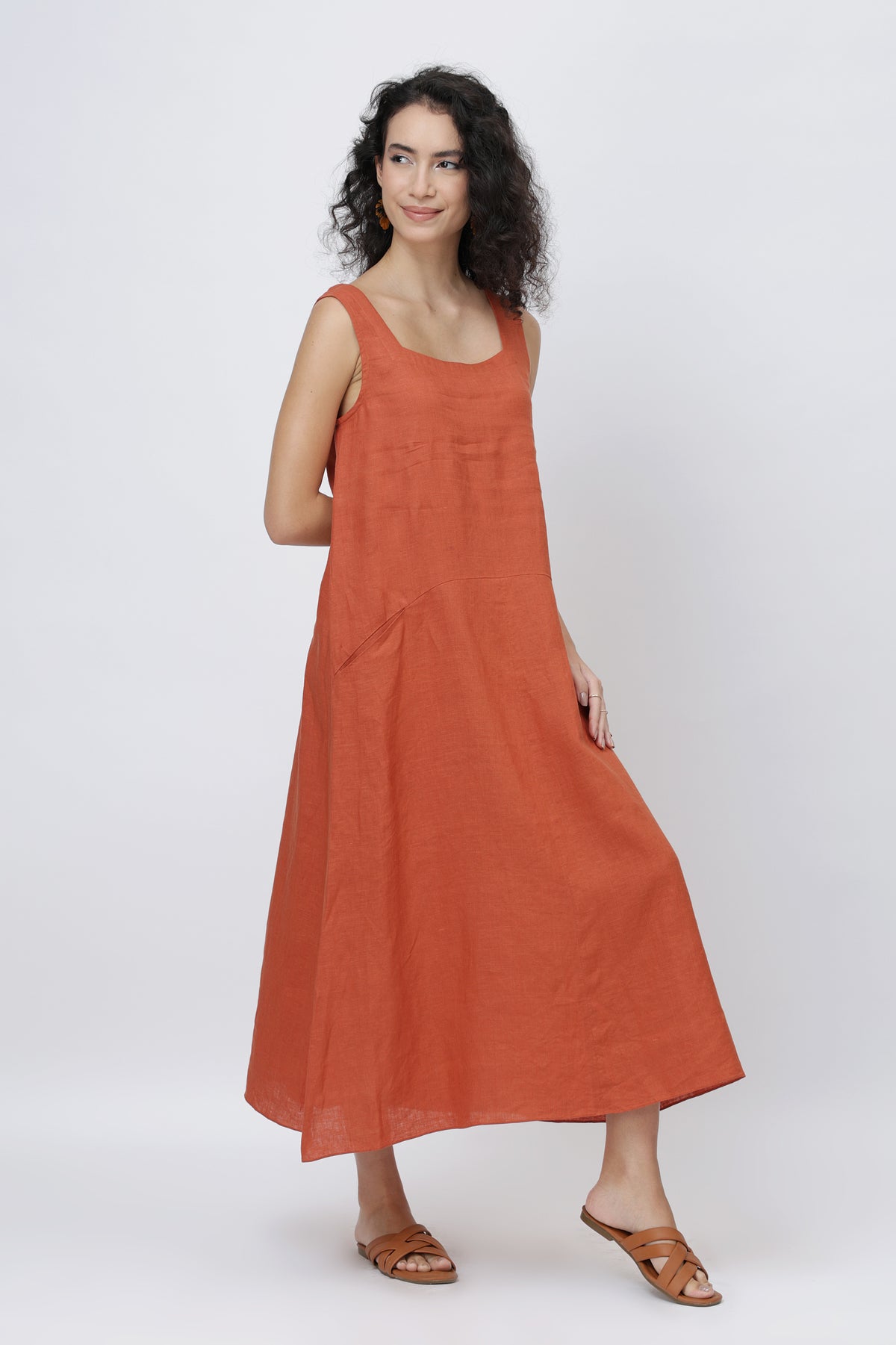 Minimal European linen dress scoop neck design