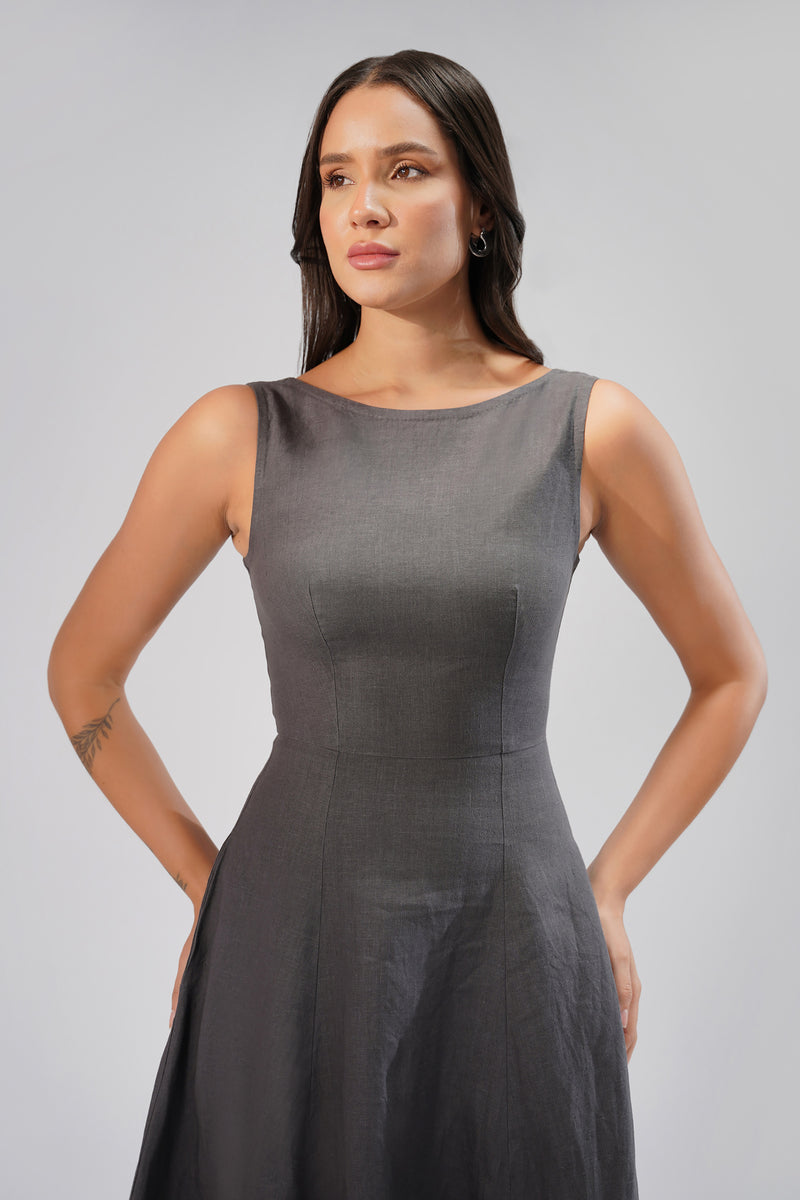 Sculpted Linen Dress  Sleeveless Midi Dress with Slit | Kuttons