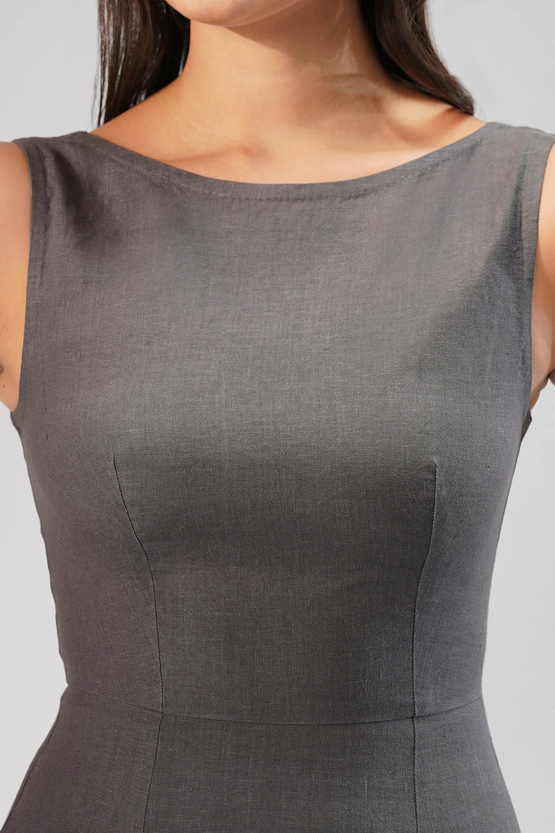 Sculpted Linen Dress Sleeveless Midi Dress with Slit | Kuttons Sculpted Linen Dress Sleeveless Midi Dress with Slit | Kuttons