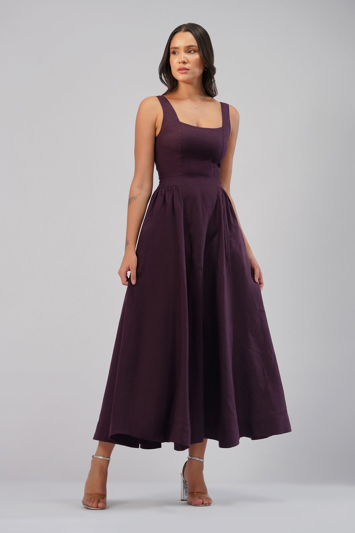 Plum European linen dress with square neckline and full skirt front view