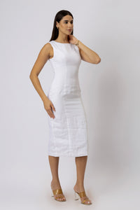 Angled view of tailored linen sheath dress