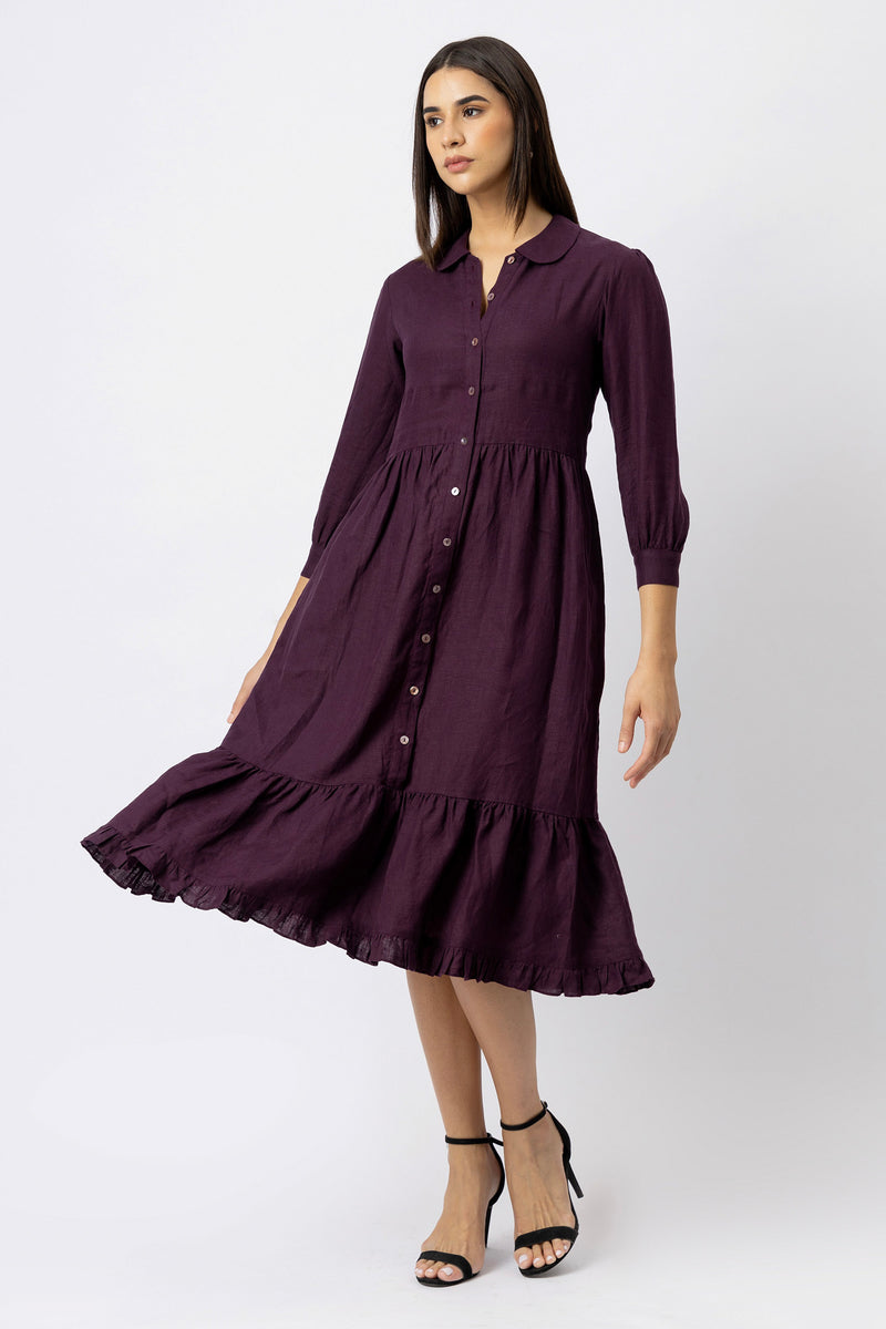 Velvet Plum linen midi dress with a softly gathered waist and flowing tiered skirt