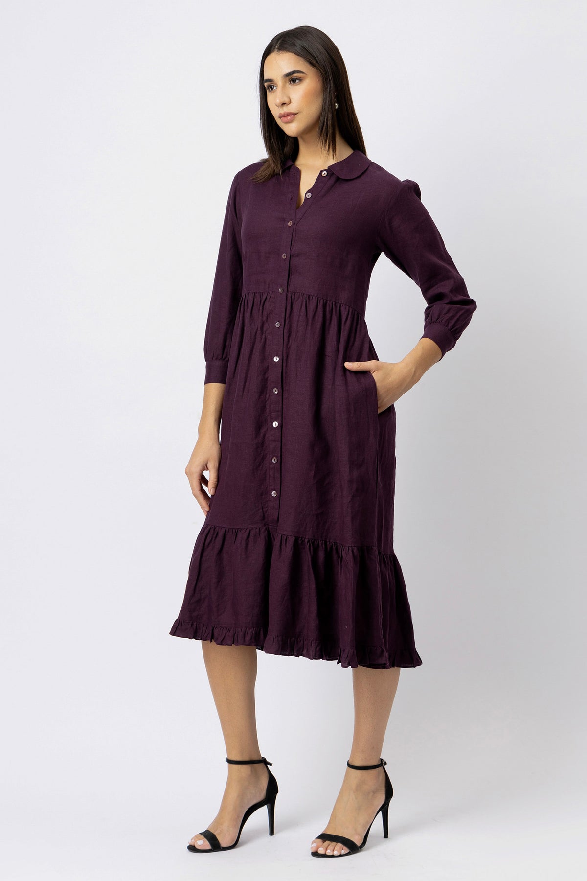 Velvet Plum linen shirt dress with button front, gathered waist, 3/4 sleeves, and tiered midi skirt