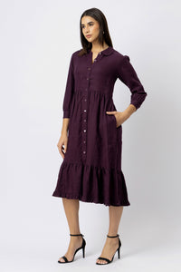 Velvet Plum linen shirt dress with button front, gathered waist, 3/4 sleeves, and tiered midi skirt
