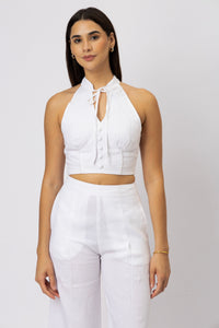 Tailored European linen halter crop top for women