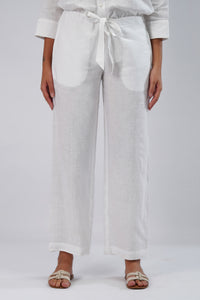 front view white linen pants with tie waist and relaxed fit