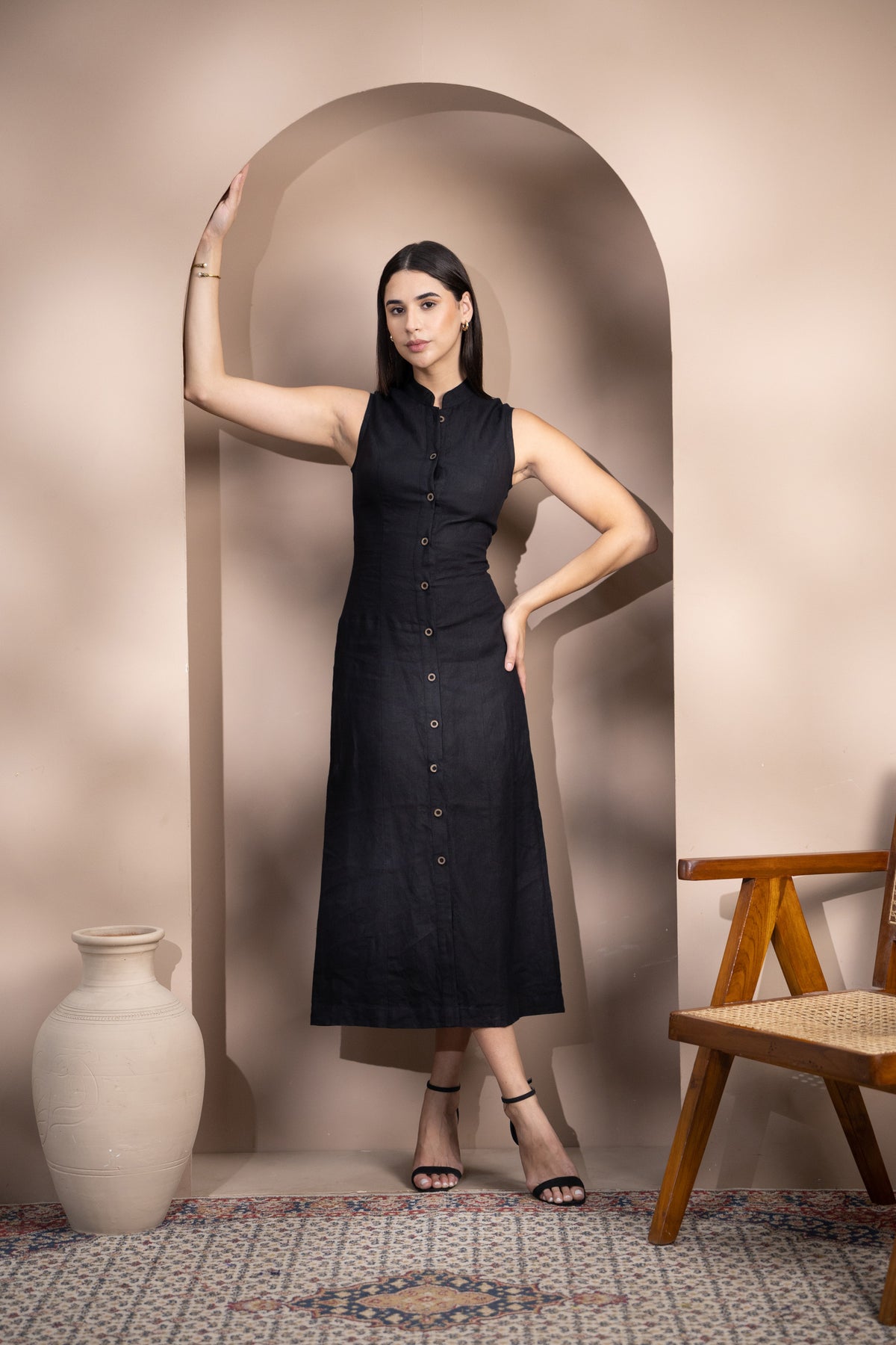 Linen Button-Front Midi Dress