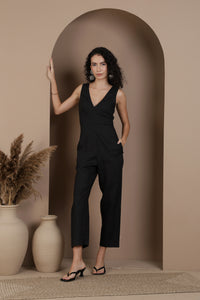 attractive lady in European linen jumpsuit
