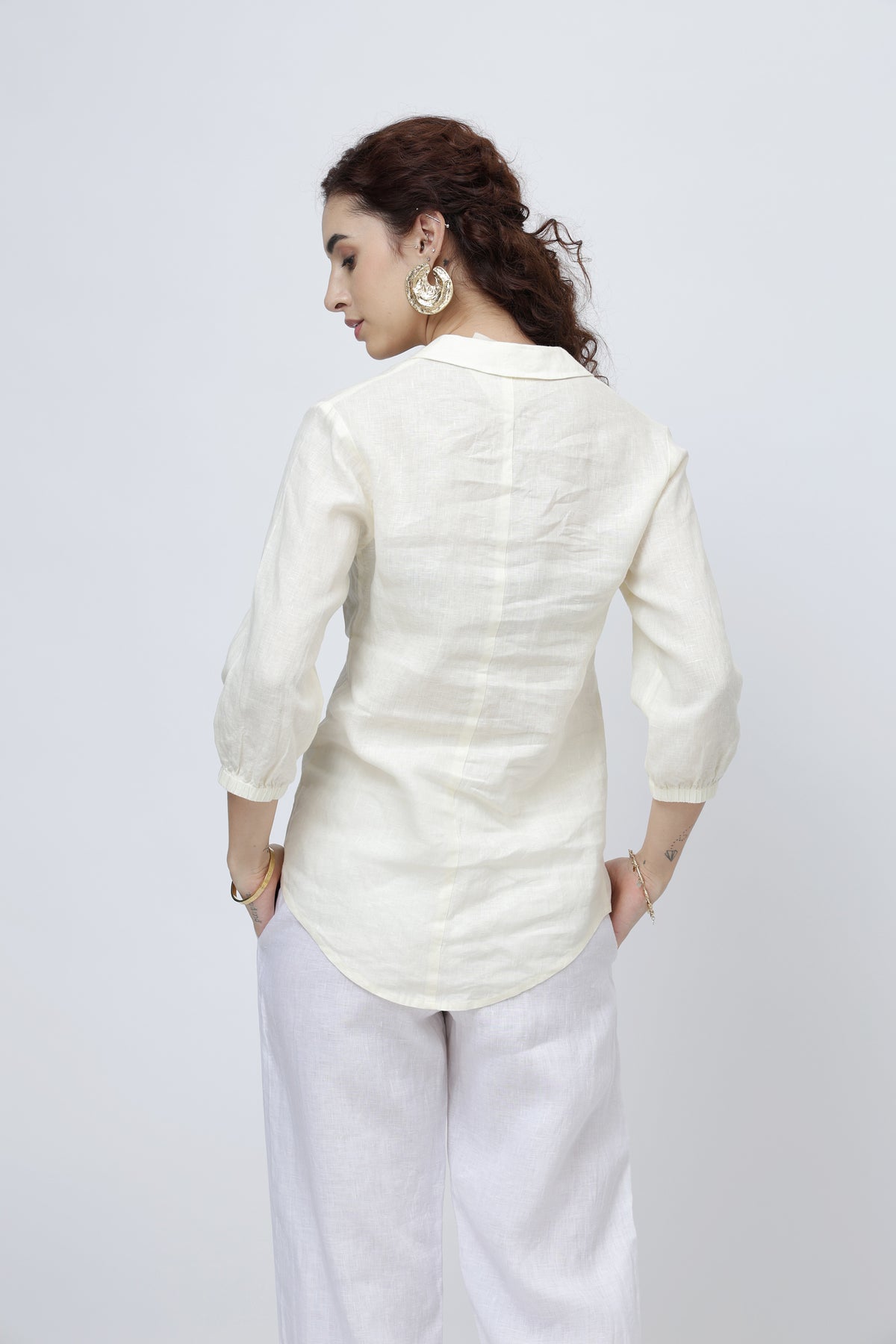 beautiful lady wearing linen shirt top