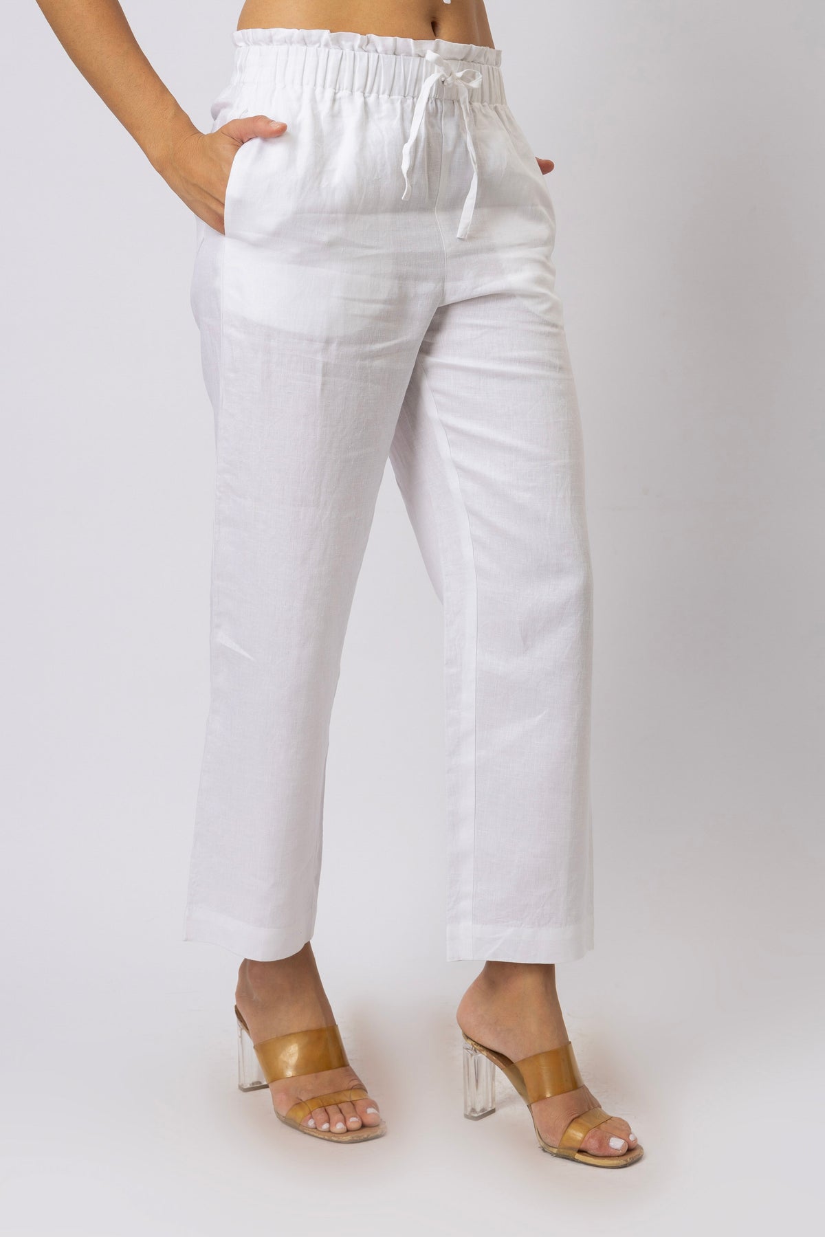 Women's relaxed linen pants with elasticated paperbag waist, drawstring and side pockets
