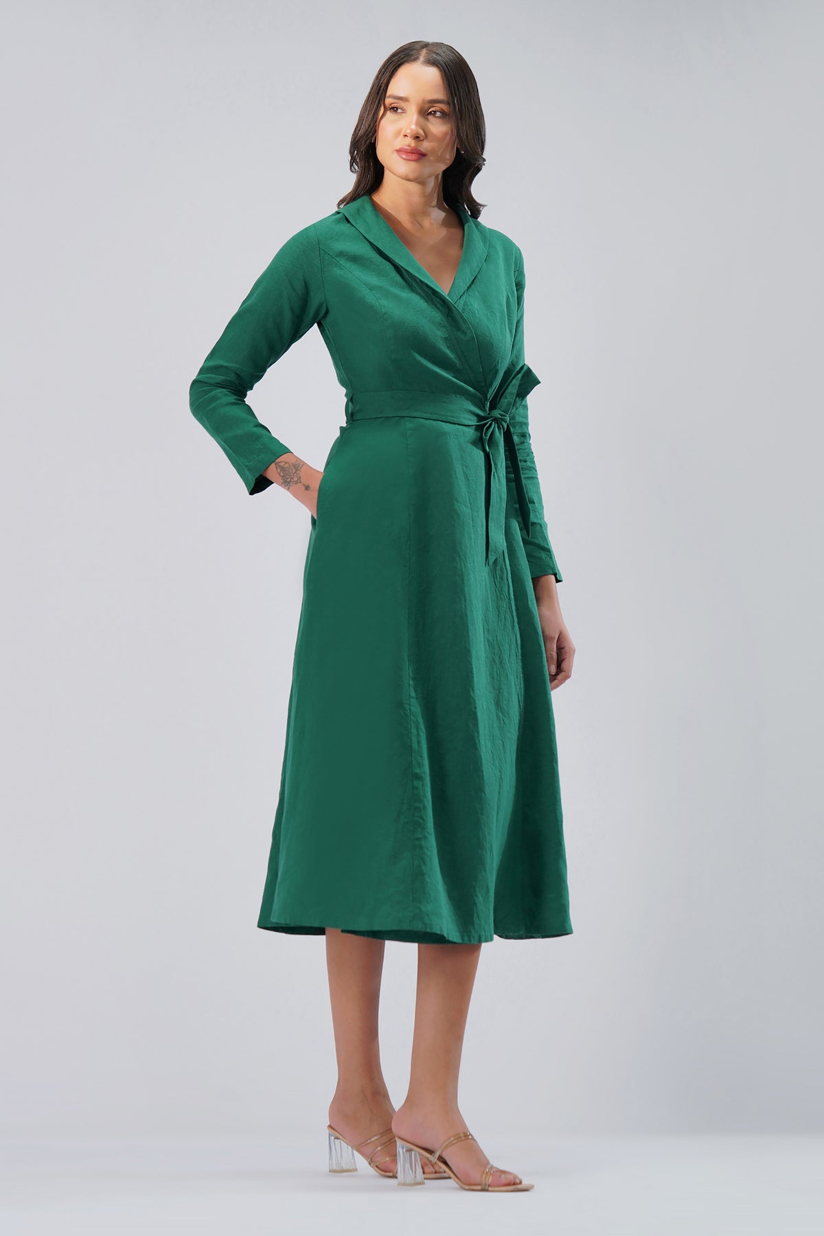 Wrap Linen Midi Dress with Collar & Tie Waist - Cross-Over Waist • Tailored Collar • European Linen