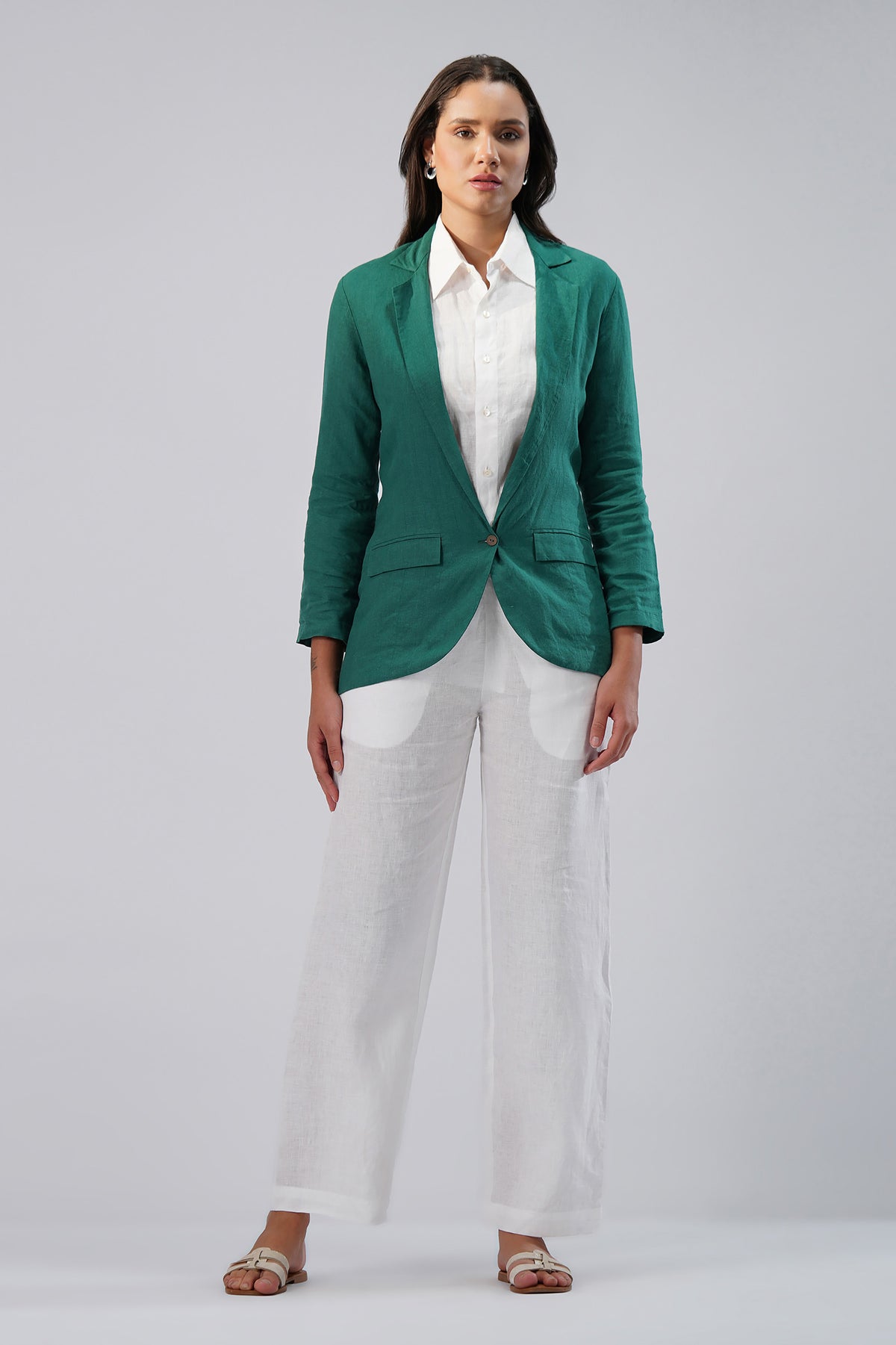 Green linen blazer for women front view