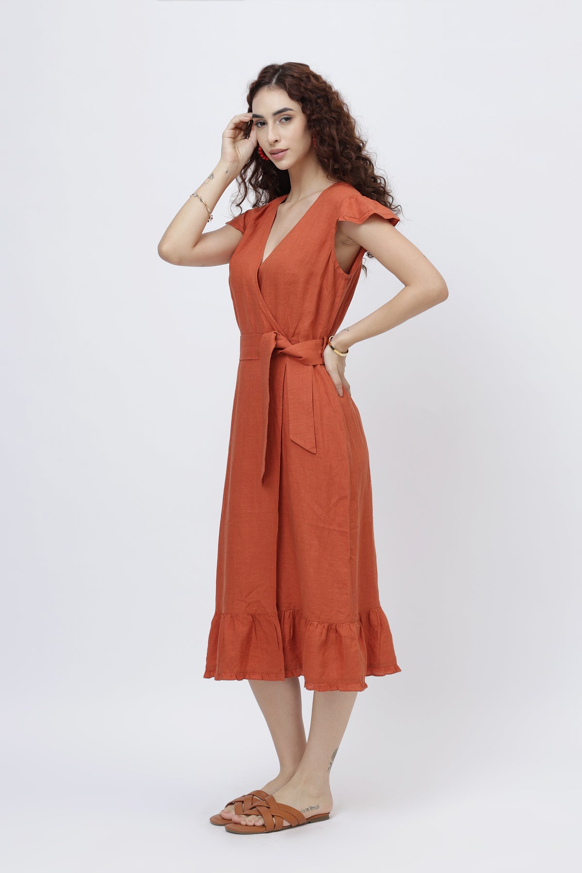 Flutter Sleeve Linen Wrap Midi Dress | European Linen - Velvet Plum / L Flutter Sleeve Linen Wrap Midi Dress | European Linen - Velvet Plum / L