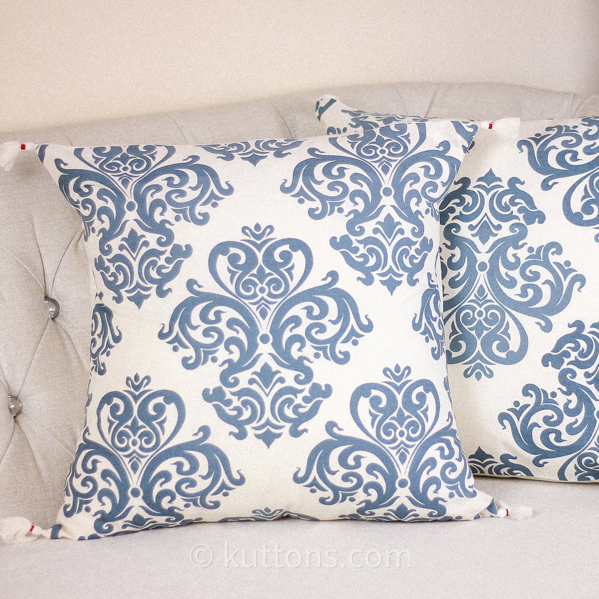 100% Cotton Throw Pillow Cover Hand Screen Printed with Damask Motif - Corner Tassels | Cream-Blue, (Set of 2), 20x20"
