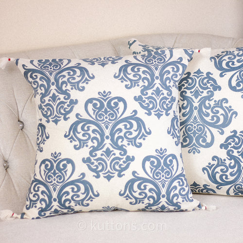 100% Cotton Throw Pillow Cover Hand Screen Printed with Damask Motif - Corner Tassels | Cream-Blue, (Set of 2), 20x20"