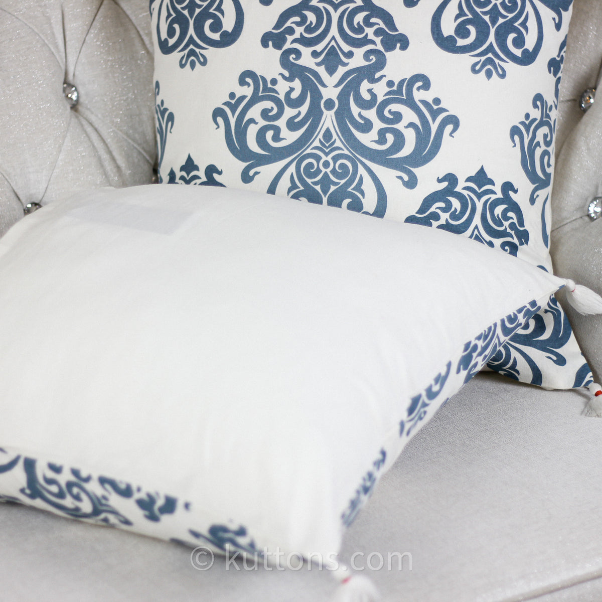 100% Cotton Throw Pillow Cover Hand Screen Printed with Damask Motif - Corner Tassels | Cream-Blue, Pair, 20x20"