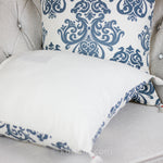 100% Cotton Throw Pillow Cover Hand Screen Printed with Damask Motif - Corner Tassels | Cream-Blue, Pair, 20x20"