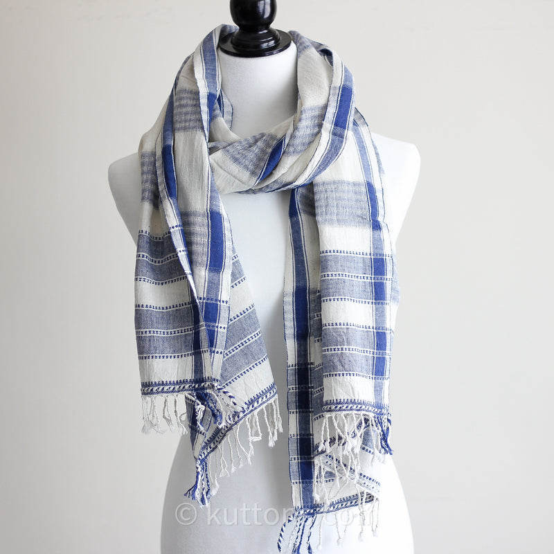 100% Organic Cotton Stole with Tassels - Blue Stripes | White Summer Scarf