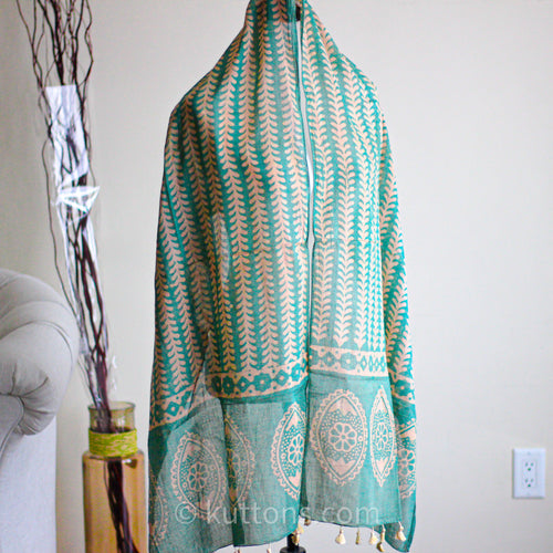 100% Pure Cotton Wrap with Tassels - Batik Hand Print Stole | Green, 21x79"