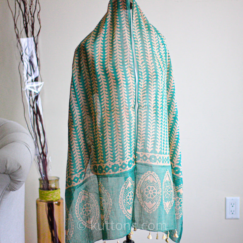 100% Pure Cotton Wrap with Tassels - Batik Hand Print Stole | Green, 21x79"