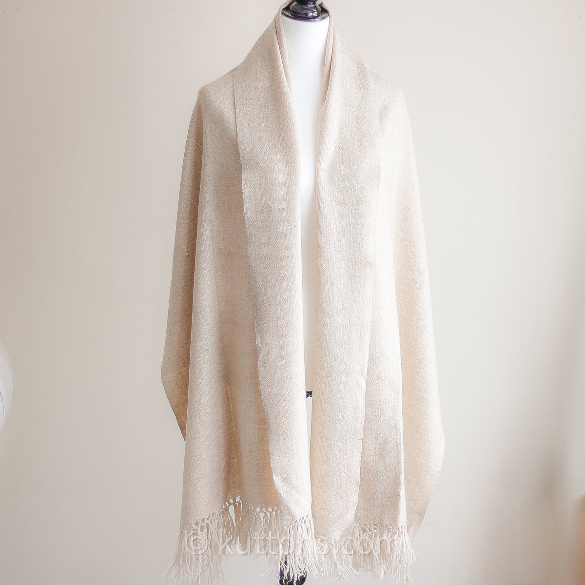 100% Pure Pashmina Cashmere Woolen Wrap (Double Ply) - Handspun & Handwoven in Ladakh Himalayas | Cream, 23x78"