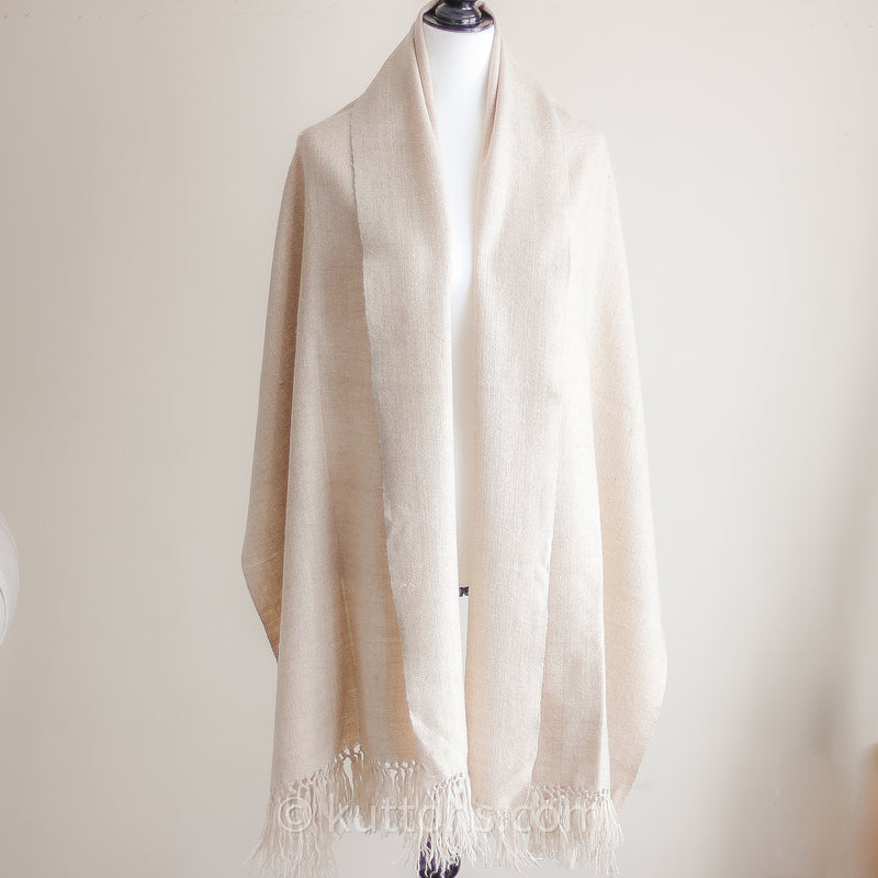 100% Pure Pashmina Cashmere Woolen Wrap (Double Ply) - Handspun & Handwoven in Ladakh Himalayas | Cream, 23x78"