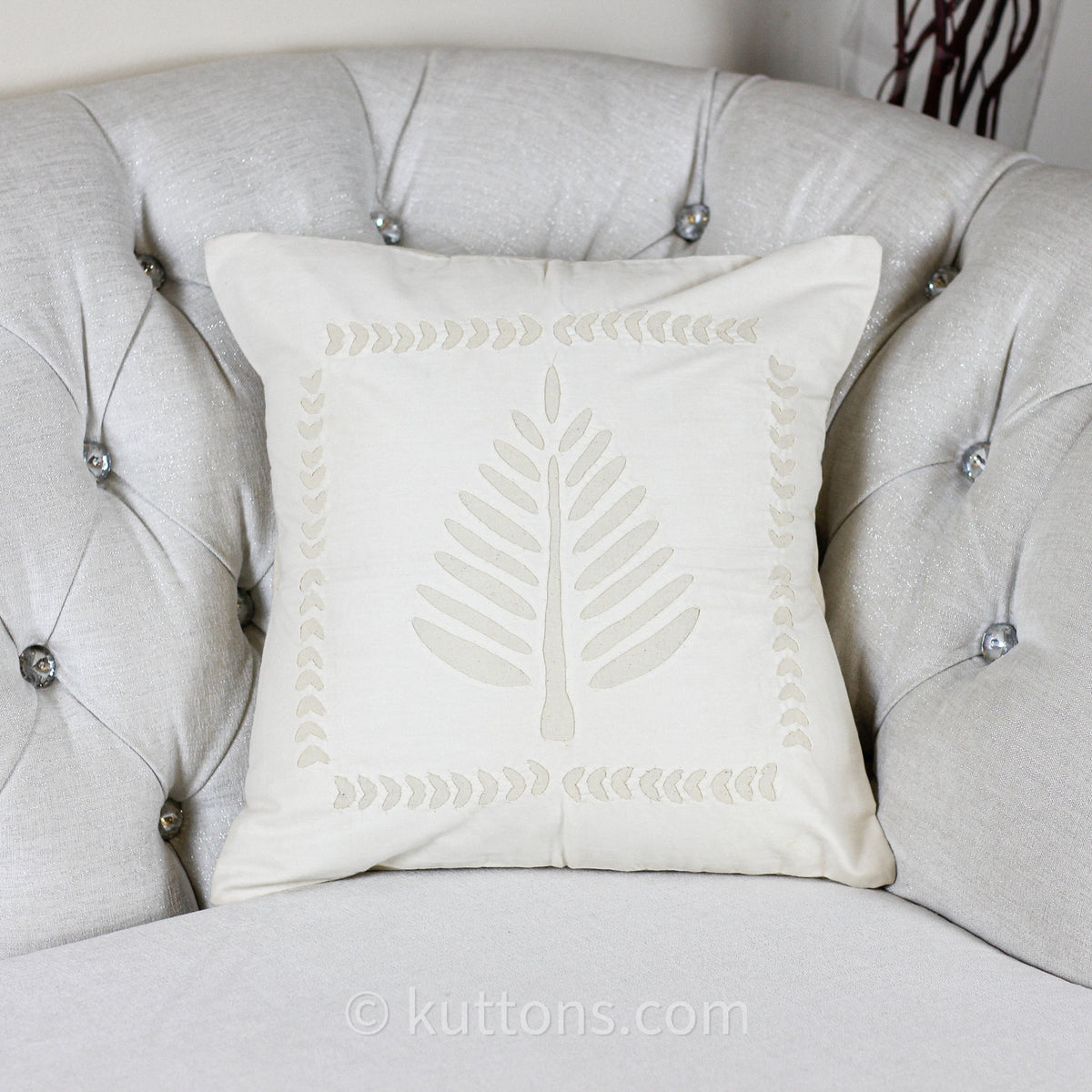 Applique Work Cotton Cushion Cover - Handcrafted Decorative Pillow | Cream, 16x16"