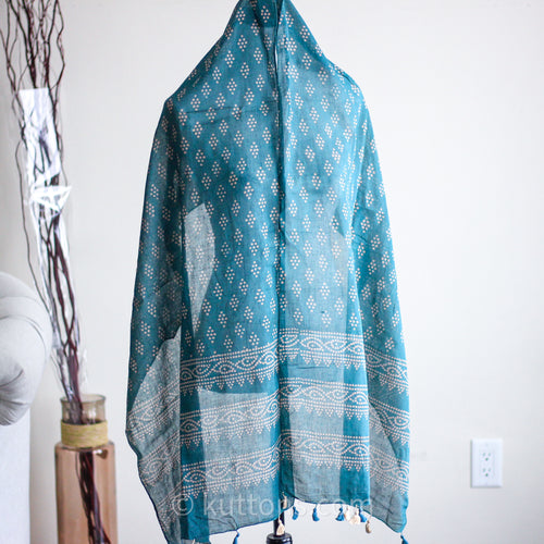 Batik Hand Printed Cotton Wrap with Tassels | Turquoise Stole, 21x78"