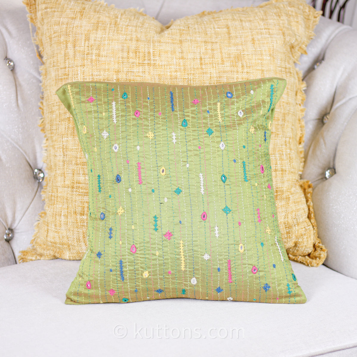 Bavaliyo Hand-Embroidered Cotton & Silk Decorative Cushion Cover - With Mirror Embroidery | Green Pillow, 16x16"