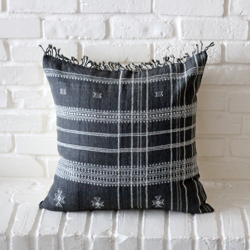 Bhujodi Wool & Cotton Pillow Cover - Rustic Handwoven Cushion with Tassels | Dark Gray, 22"