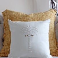 Calm Palm White Cotton Embriodered - Decorative Linen Pillow Cover | Chair Cushion, 16x16"