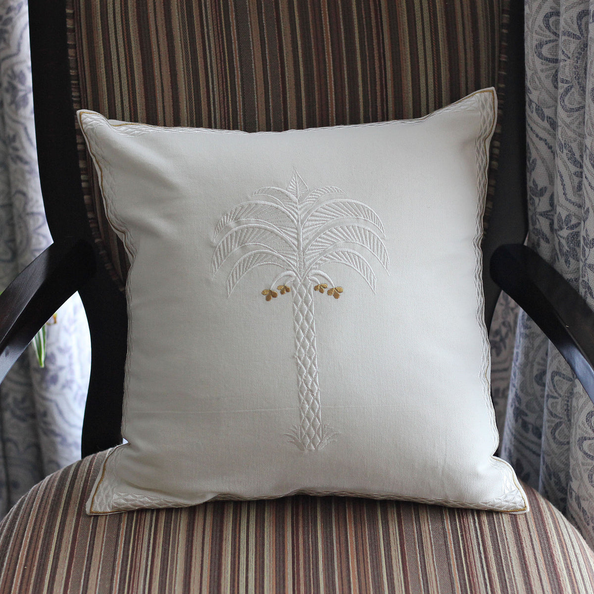 Calm Palm White Cotton Embriodered - Decorative Linen Pillow Cover | Chair Cushion, 16x16"