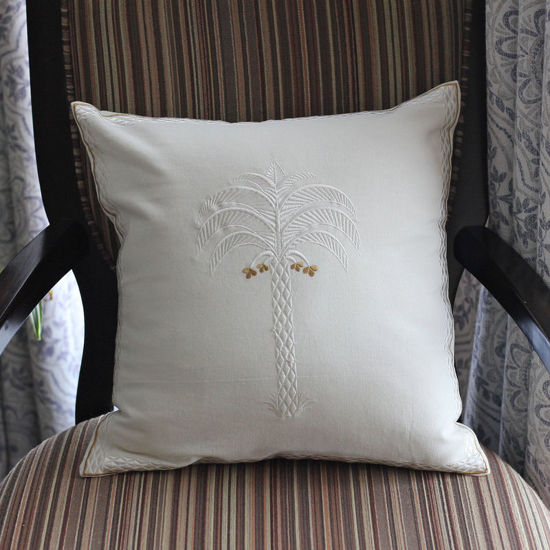 Calm Palm White Cotton Embriodered - Decorative Linen Pillow Cover | Chair Cushion, 16x16"