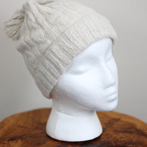 Cashmere Cable Hat with Pom Pom - 100% Pashmina Cashmere from Ladakh Himalayas | Cream