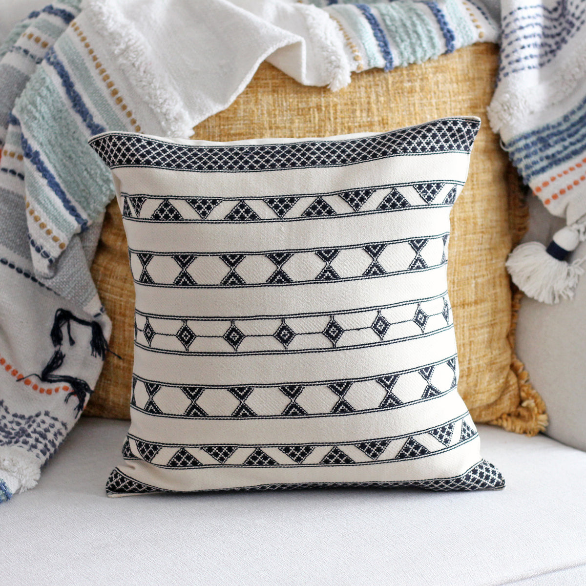 100% Cotton Decorative Pillow Cover - Handwoven Cushion with Extra Weft, 16", white