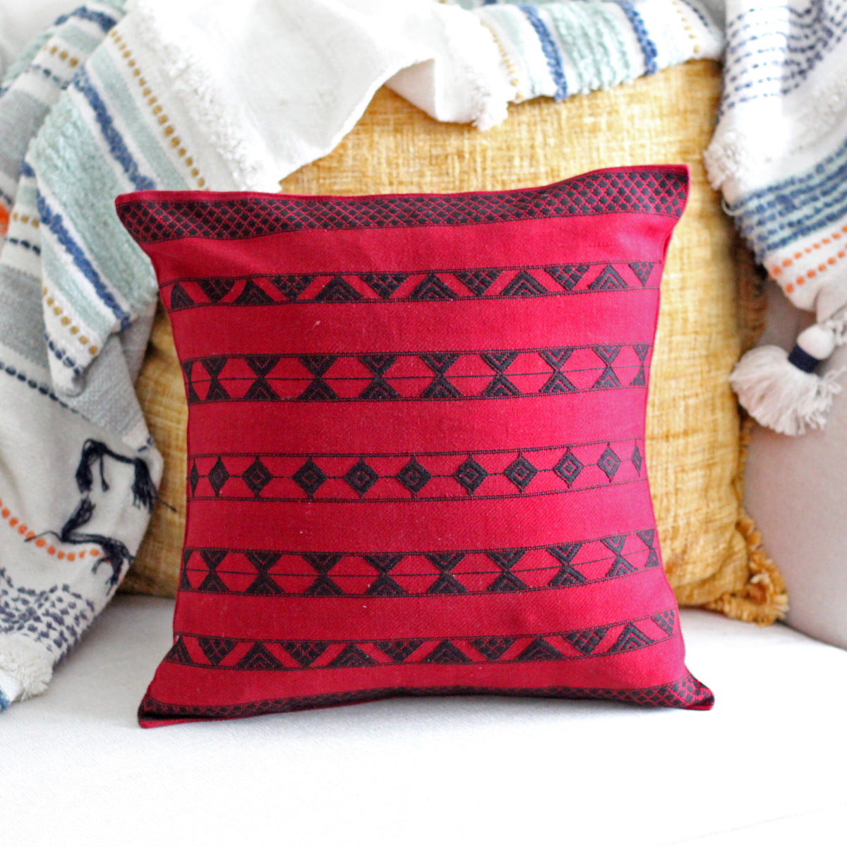 100% Cotton Decorative Pillow Cover - Handwoven Cushion with Extra Weft, 16", ruby red