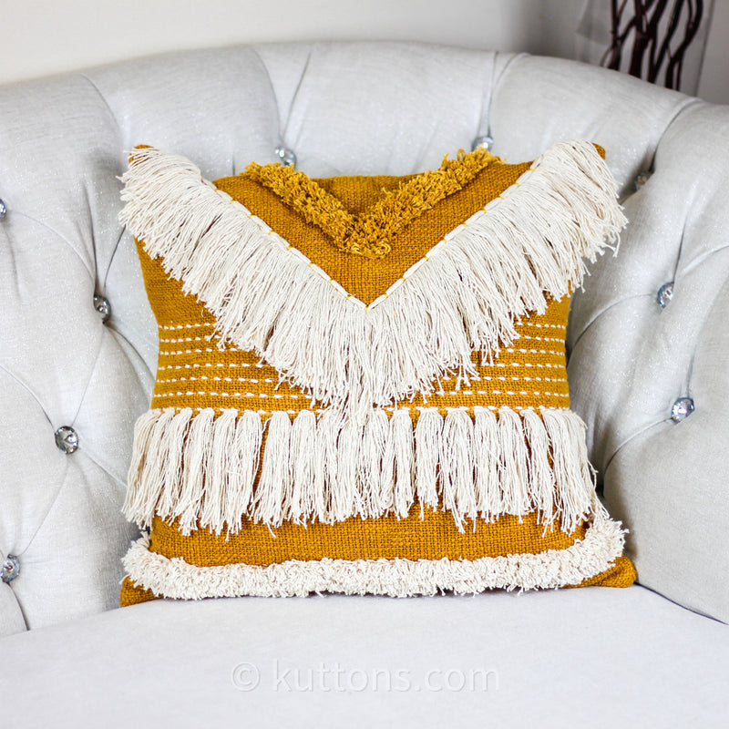 Cotton Embroidered Textured Pillow Cover - Boho Decorative Cushion | Orange-White, 18x18"