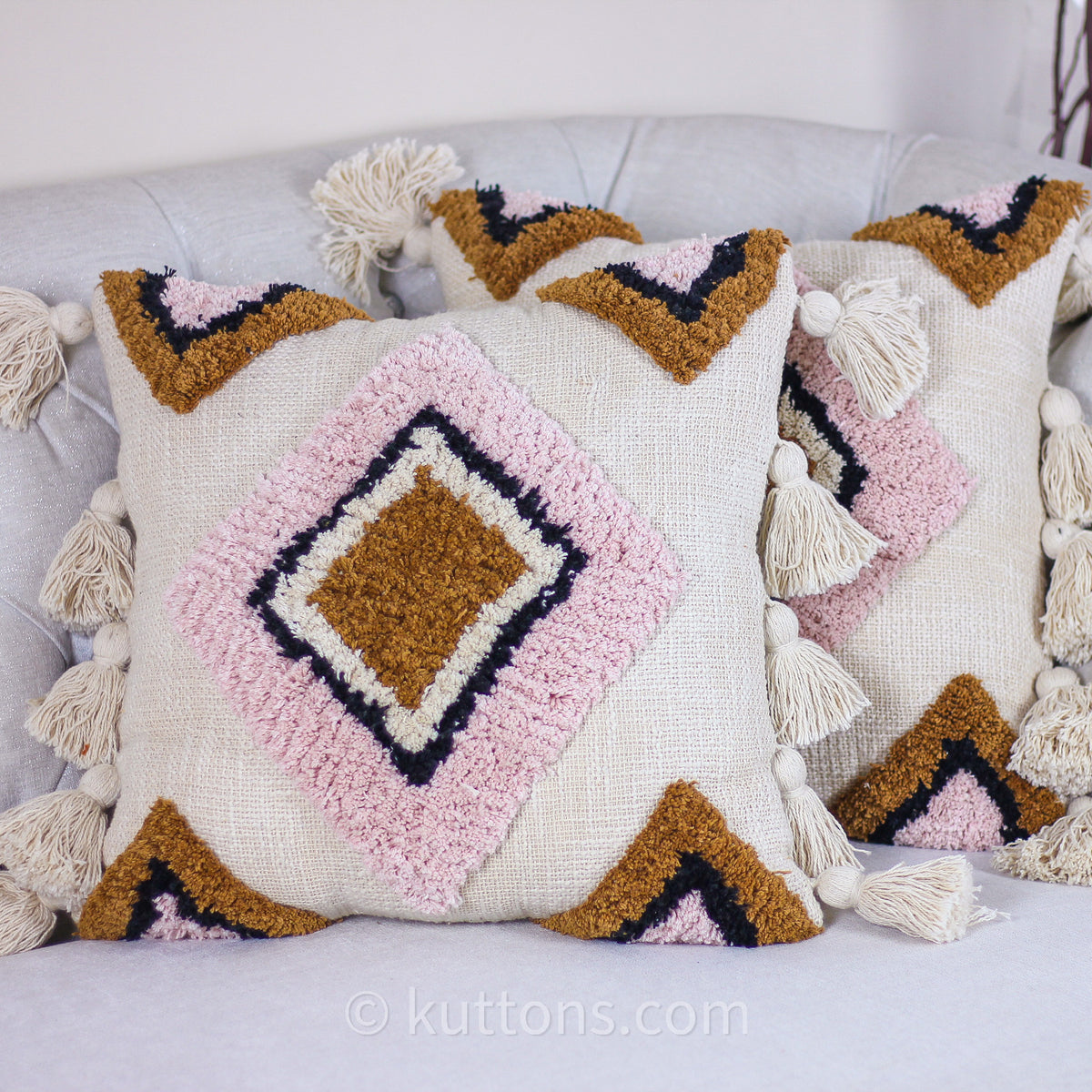 Cotton Tufted Textured Boho Pillow Cover - Large Tassels