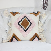 Cotton Tufted Textured Boho Pillow Cover - With Large Tassels | Cream-Pink, 18x18" Square (Single)