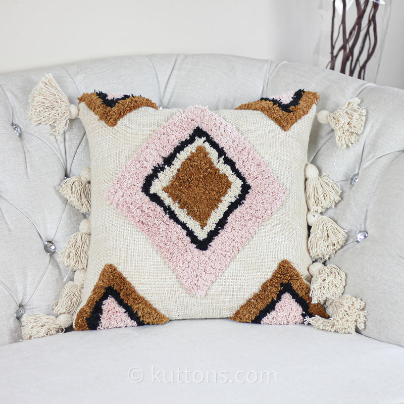 Cotton Tufted Textured Boho Pillow Cover - With Large Tassels | Cream-Pink, 18x18" Square (Single)