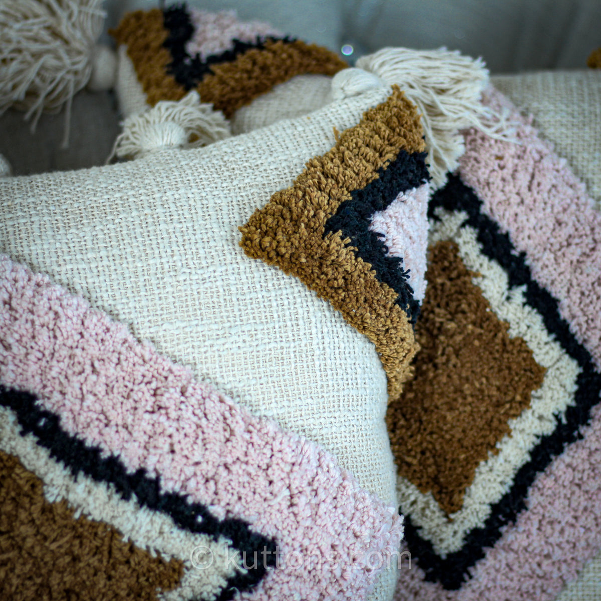 cotton tufted textured pillow case handmade with tassels