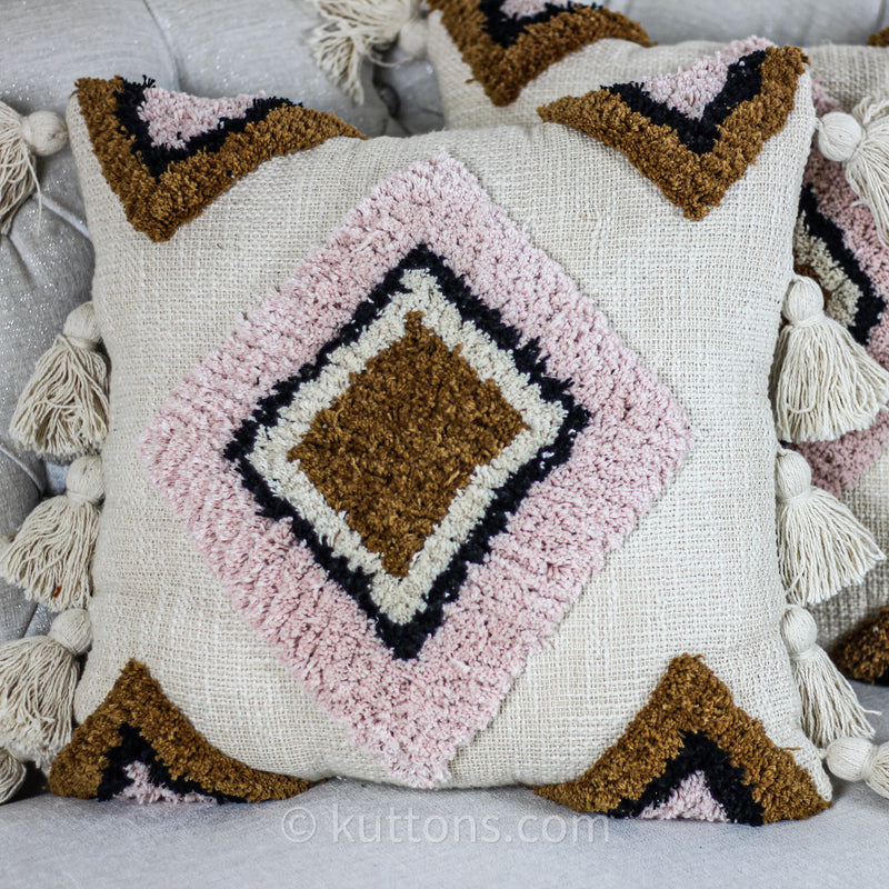 Cotton Tufted Textured Boho Pillow Cover - With Large Tassels | Cream-Pink, 18x18" Square (Single)